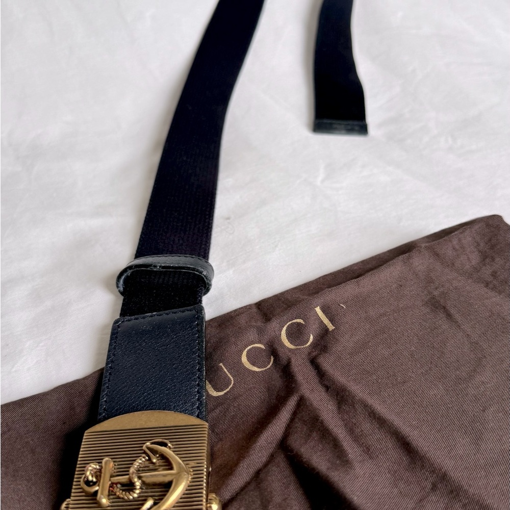 Navy Blue/White leather/fabric Gucci belt with brass buckle - Picture 1 of 3